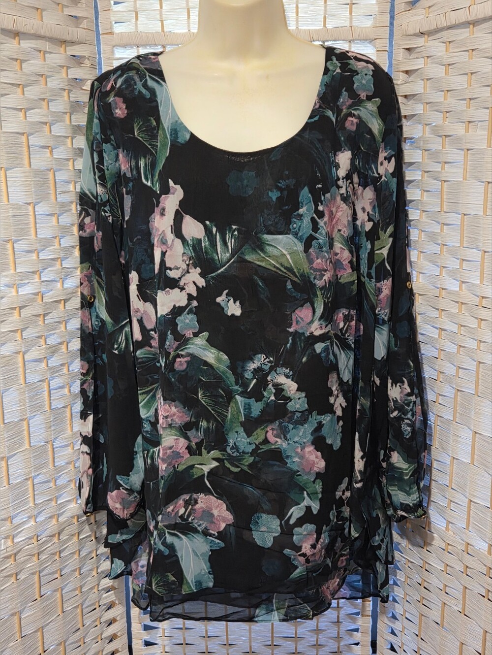 Investments Floral Black Sheer Long-Sleeve Women's Top